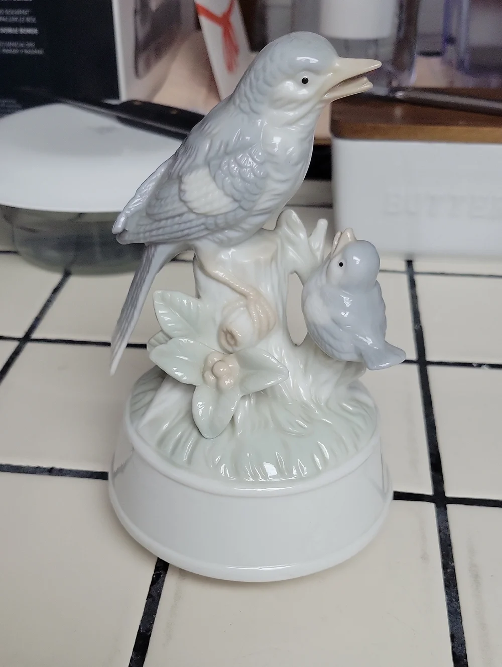 Vintage Porcelain Bird Music Box - Pale Gray and White Decorative Accent